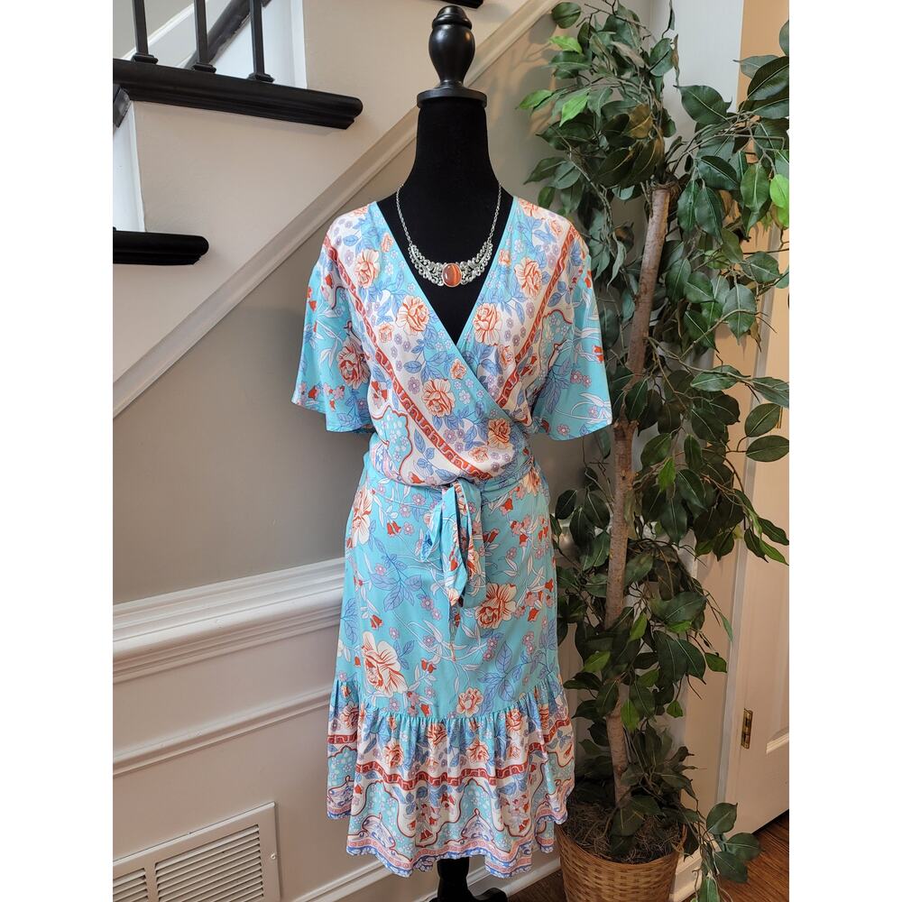 Zesica Dress Womens XL Blue Floral Wrap Short Sleeve Boho Midi Summer Rayon